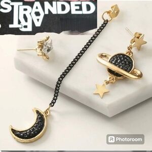 NEW Unique Cosmic Asymmetrical Earrings Black Crescent Pave Sterling Silver Post